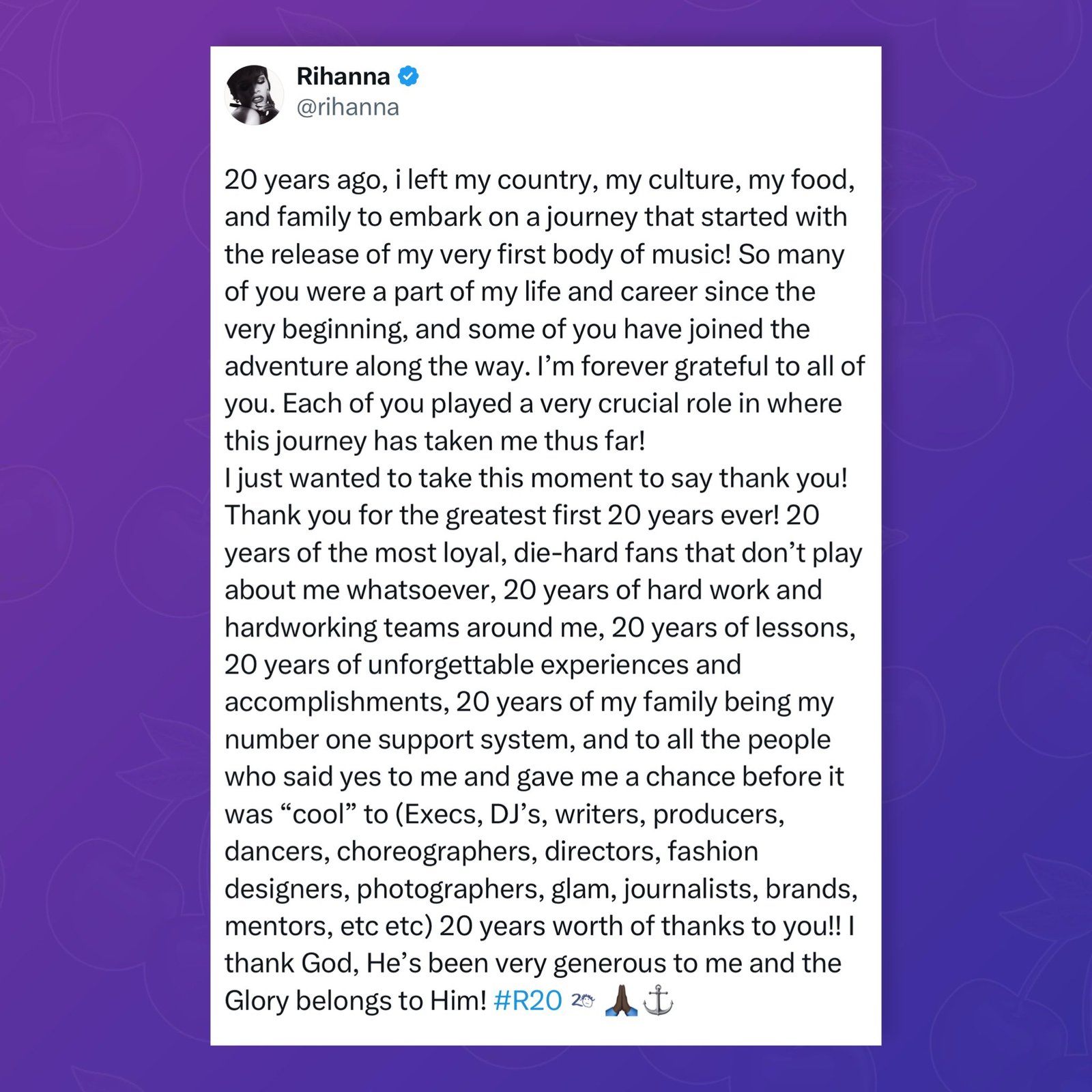 Rihanna Celebrates 20 Years in Music, Thanks Fans and God