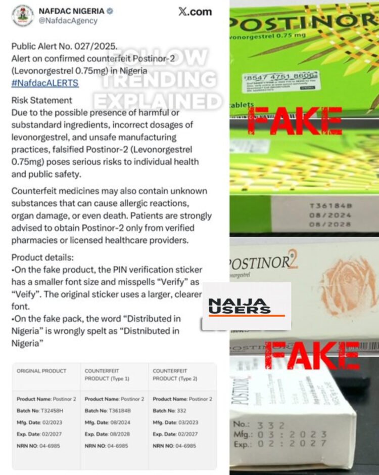 NAFDAC raised alarm on a fake postinor-2 in circulation