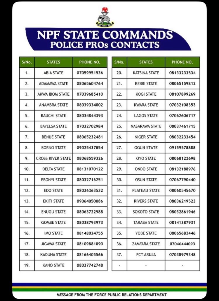 Nigeria Police hotline/phone number for every state.