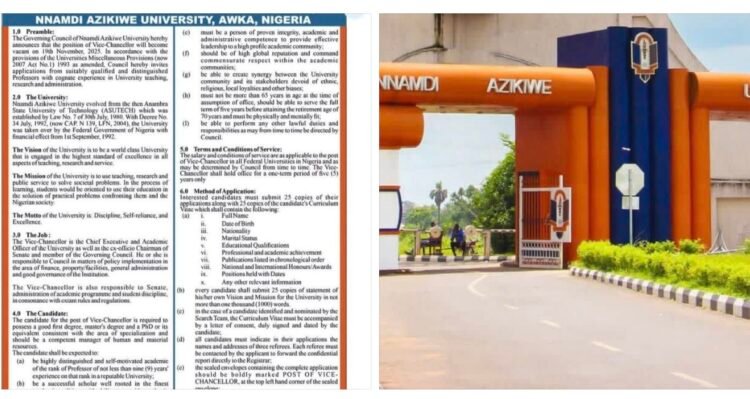 Nnamdi Azikiwe University Declares Vacancy for Vice-Chancellor