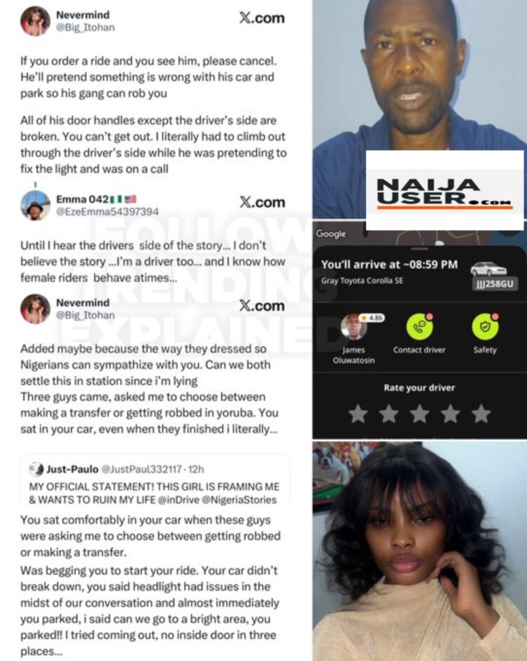 InDrive trends on Twitter Nigeria as lady accused Driver of faking a car repair to allow robbers rob her — The driver has now debunked it to be a lie.