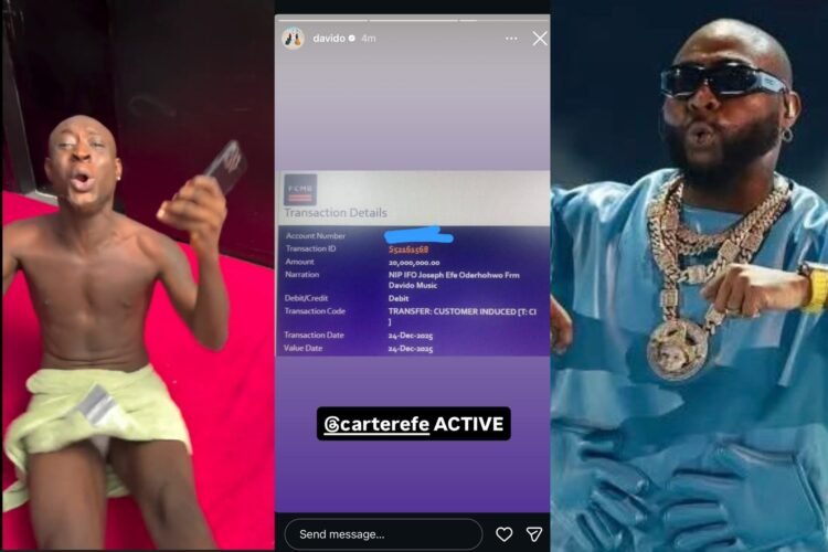 Carter Efe Rolls On Floor In Joy As Davido Sends ₦20 Million